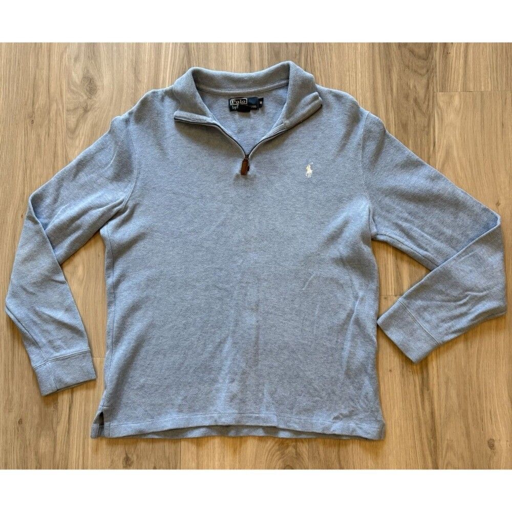 Vtg Polo Ralph Lauren M Powder Blue 1/4 Zip Micro-Ribbed Pullover Cotton Read